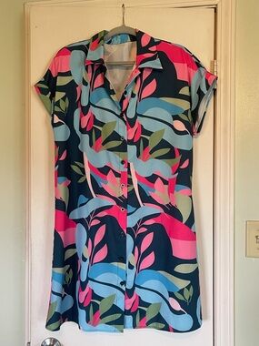 Tropical Button-Front Shift Dress in Navy, Hot Pink & Sky Blue